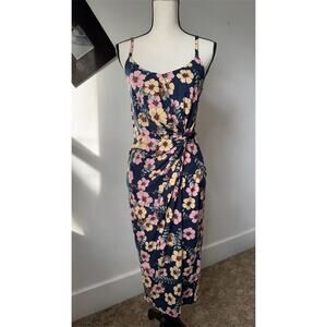 Nine Britton Womens Size S Navy Floral Faux Wrap Midi Dress Spaghetti Straps